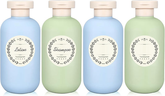 METAPACK 4Pack 6.8oz Travel Shampoo Bottles with Labels, Refillable Travel Bottles, Flip Top Squeeze Bottles, Portable Plastic Toiletry Containers for Lotion, Conditioner & Body Wash(blue, green)