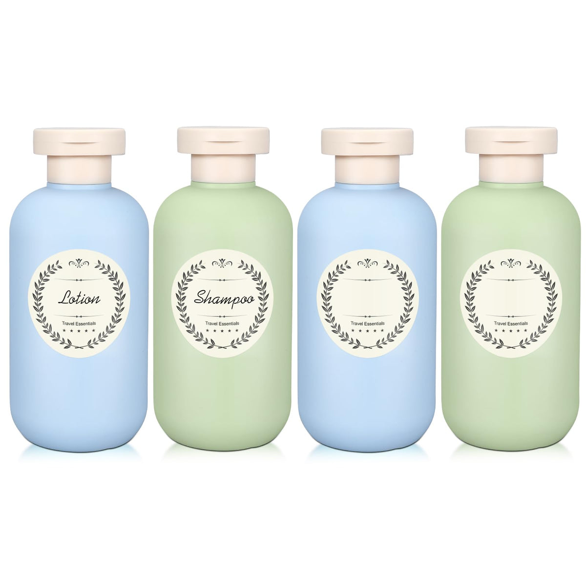 METAPACK 4Pack 6.8oz Travel Shampoo Bottles with Labels, Refillable Travel Bottles, Flip Top Squeeze Bottles, Portable Plastic Toiletry Containers for Lotion, Conditioner & Body Wash(blue, green)