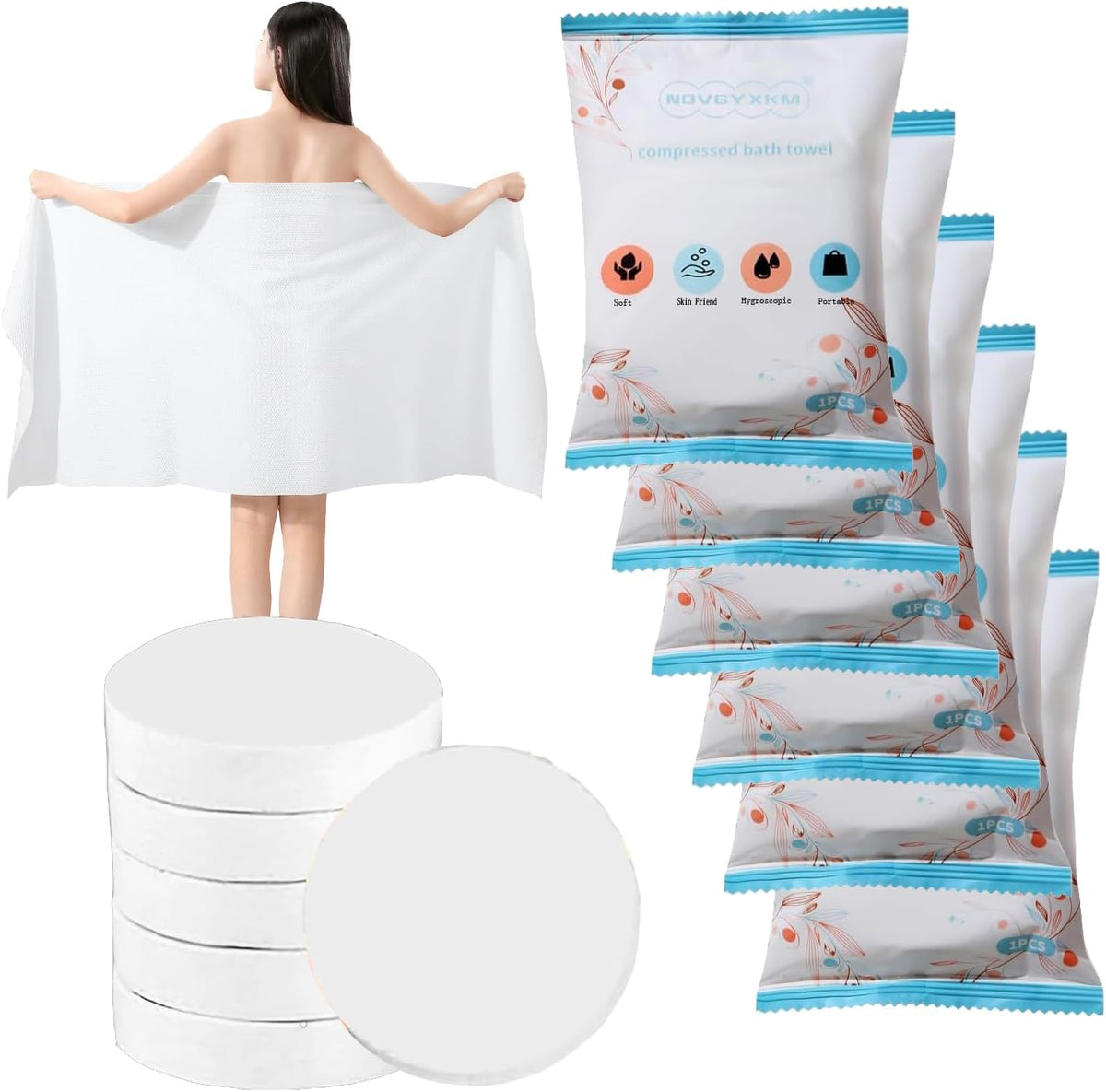 6 Packs Large Compressed Towel 56'' x 28'' Disposable Cotton Bath Towels Portable Thick Paper Towel Reusable Suitable for Hiking Camping Beach Swimming and Traveling (6)