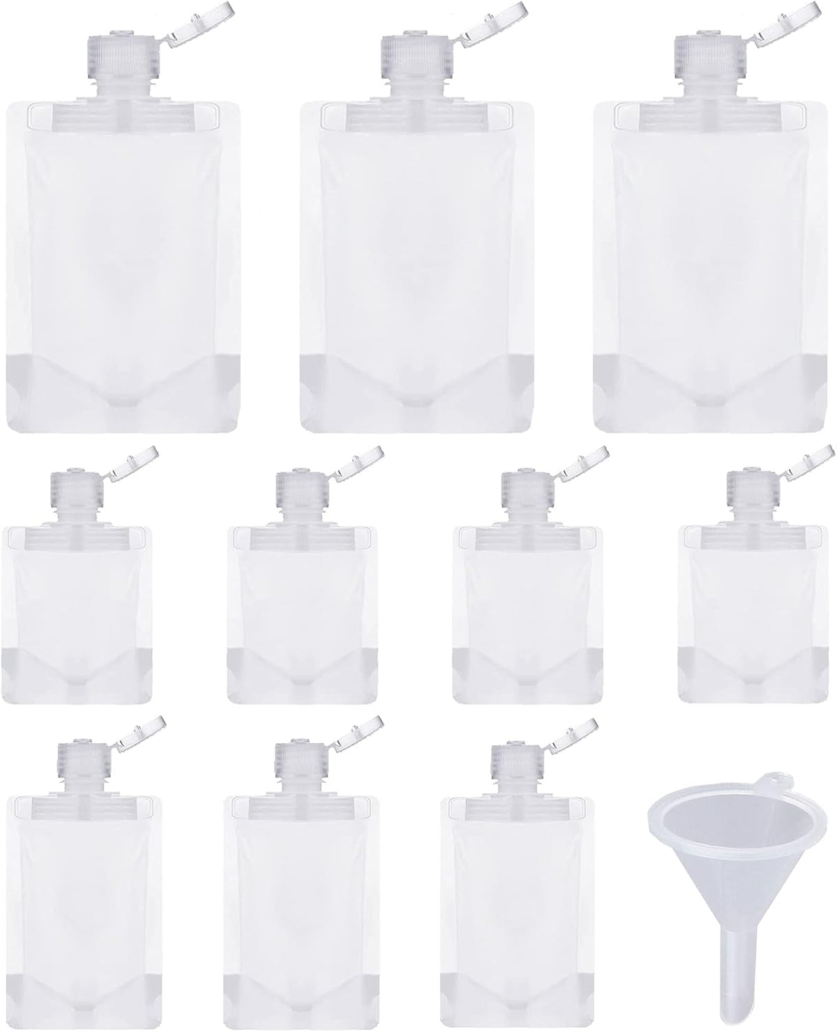 Portable Travel Fluid Makeup Packing Bag Transparent Clamshell Packaging Bag Plastic Stand Up Spout Pouch Refillable Empty Squeeze Pouch for Lotion/Shampoo/Face Cream/Hand Soap (10 Pcs) Gift Funnel