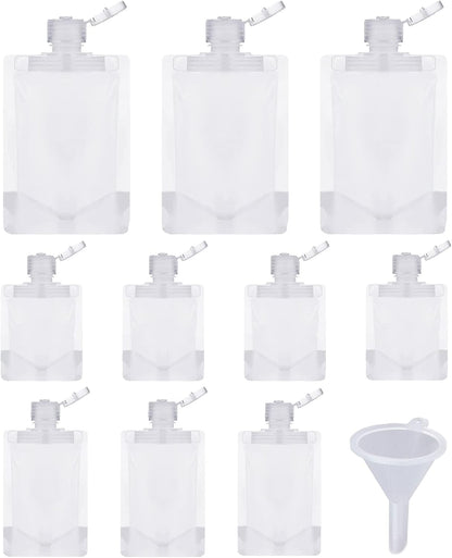 Portable Travel Fluid Makeup Packing Bag Transparent Clamshell Packaging Bag Plastic Stand Up Spout Pouch Refillable Empty Squeeze Pouch for Lotion/Shampoo/Face Cream/Hand Soap (10 Pcs) Gift Funnel
