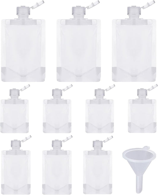 Portable Travel Fluid Makeup Packing Bag Transparent Clamshell Packaging Bag Plastic Stand Up Spout Pouch Refillable Empty Squeeze Pouch for Lotion/Shampoo/Face Cream/Hand Soap (10 Pcs) Gift Funnel