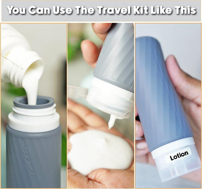 Laxen 5 Pack Travel Bottles for Toiletries with Clear Bag, Leak Proof, Refillable, TSA Approved Silicone Travel Containers for Shampoo and Conditioner, Travel Essentials Toiletry Bottles