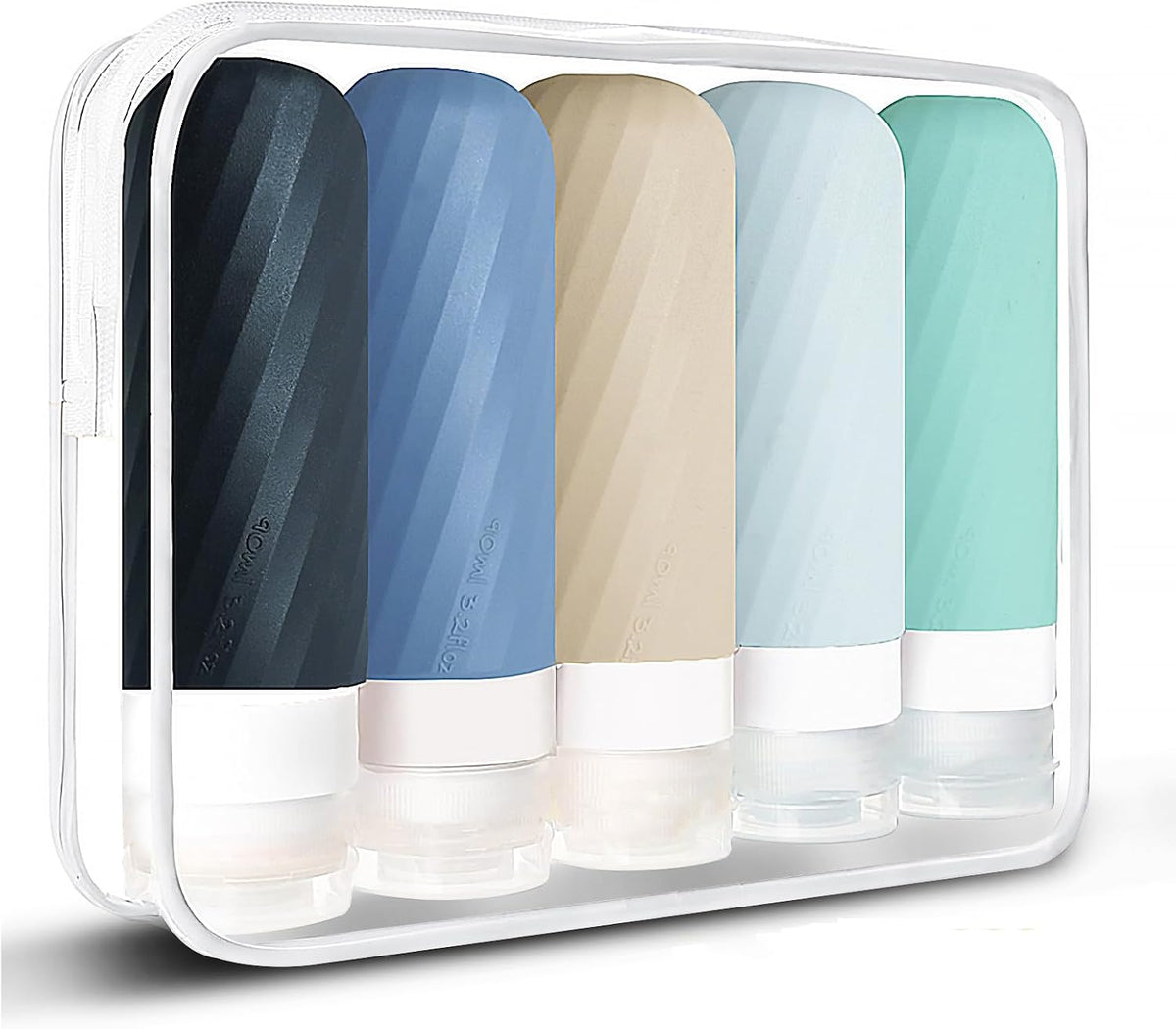 Laxen 5 Pack Travel Bottles for Toiletries with Clear Bag, Leak Proof, Refillable, TSA Approved Silicone Travel Containers for Shampoo and Conditioner, Travel Essentials Toiletry Bottles