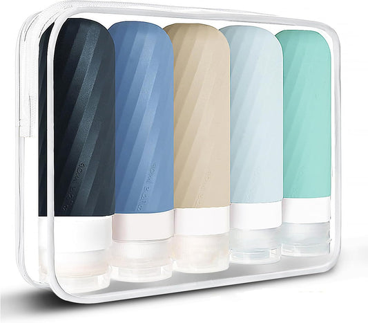 Laxen 5 Pack Travel Bottles for Toiletries with Clear Bag, Leak Proof, Refillable, TSA Approved Silicone Travel Containers for Shampoo and Conditioner, Travel Essentials Toiletry Bottles