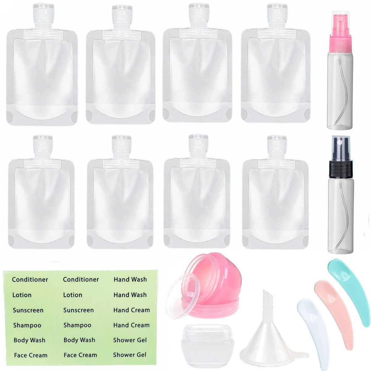SEQUHITKU 17 Pack Travel Pouches for Toiletries,TSA Approved,Portable Containers,Stand Up Pouch,Refillable Travel Accessories for Shampoo Conditioner Lotion Soap Liquids (A-17pcs)