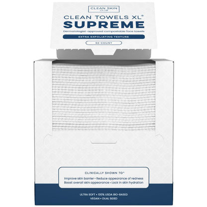 Clean Skin Club Clean Towels XL® Supreme, 100% USDA Biobased Face Towel, Disposable Face Towelette, Eczema Association Accepted, Thicker Textured Dry Wipes, Ultra Absorbent & Soft, 1 Pack, 50 Ct