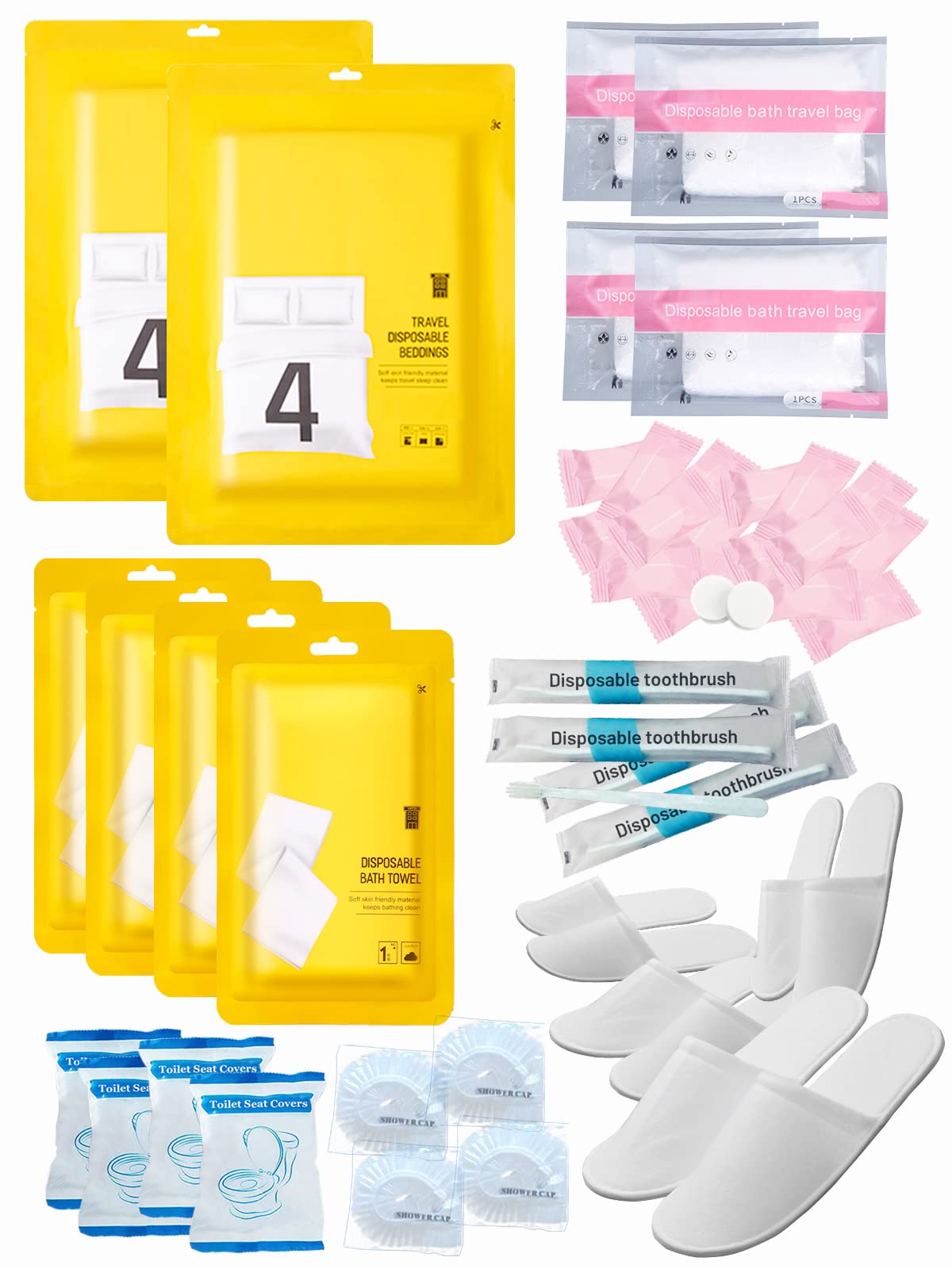 Extguds Disposable Travel Set: Bed Sheet×1+Duvet Cover×1+Pillow case×2+Bath Towels×2+Shower Caps×2+Plastic Bathtub Bag×2+Toilet Seat Covers×2+Compression face Towel×8+Toothbrushes×2+Slippers×2