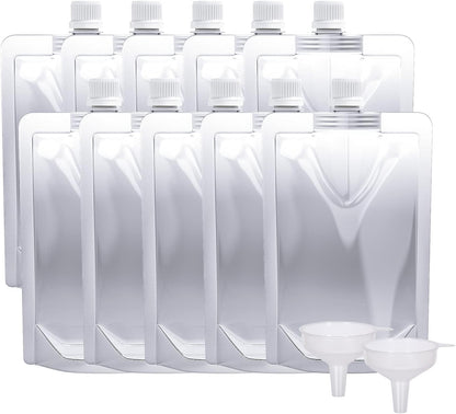 Keon Plastic Pouches - Leak-Proof, Reusable, Flexible Juice Bags, BPA-Free for Travel, Outdoor Sports, Concerts, Events (8OZ - 10PCS + 2 Funnels)