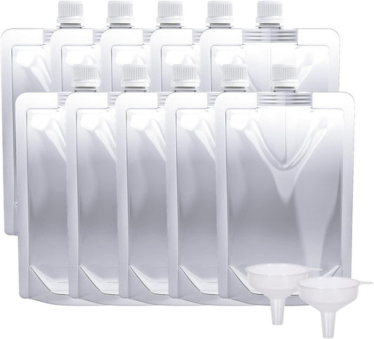 Keon Plastic Pouches - Leak-Proof, Reusable, Flexible Juice Bags, BPA-Free for Travel, Outdoor Sports, Concerts, Events (8OZ - 10PCS + 2 Funnels)