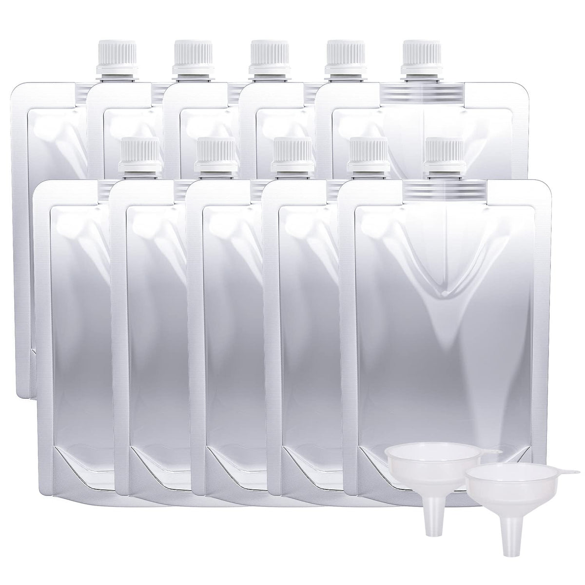 Keon Plastic Pouches - Leak-Proof, Reusable, Flexible Juice Bags, BPA-Free for Travel, Outdoor Sports, Concerts, Events (8OZ - 10PCS + 2 Funnels)