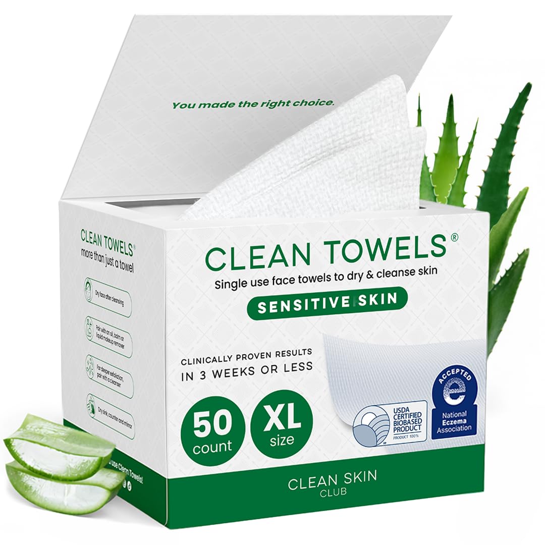 Clean Skin Club Clean Towels XL®, 100% USDA Biobased Face Towel, Disposable Face Towelette, Eczema Association Accepted, Makeup Remover Dry Wipes, Ultra Soft, 50 ct per pack, 2 Packs, 100 Ct Total