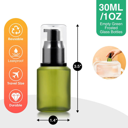 30ml Frosted Glass Pump Bottle Dispenser, 4pcs 1oz Travel Bottle