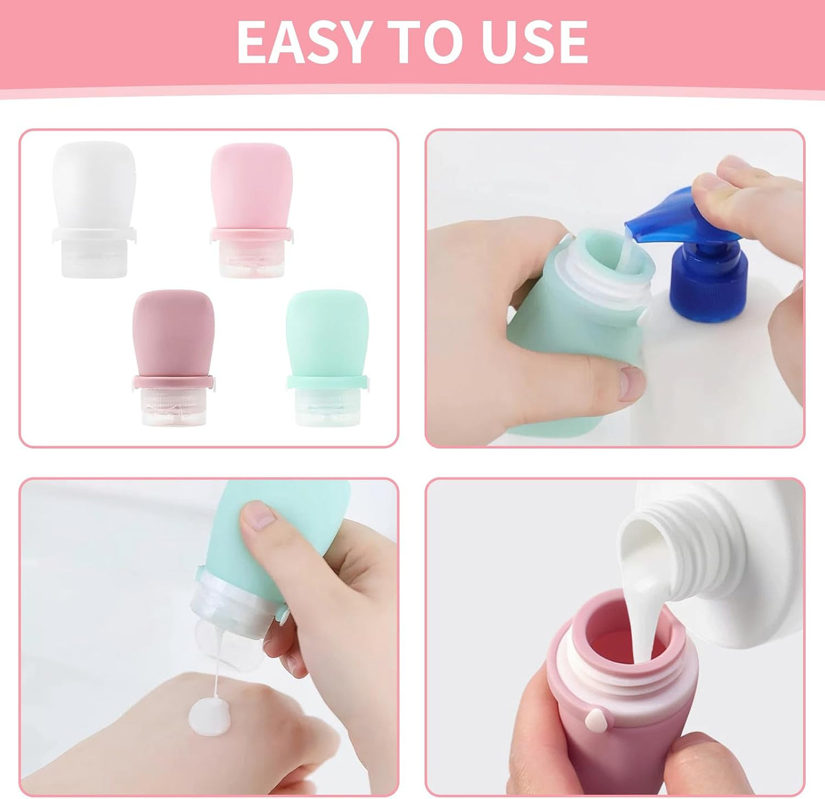4 Pack 1oz Silicone Travel Bottles Leak Proof Squeeze Bottles For Toiletries Shampoo Conditioner Lotion Salad Dressing Travel Size Containers