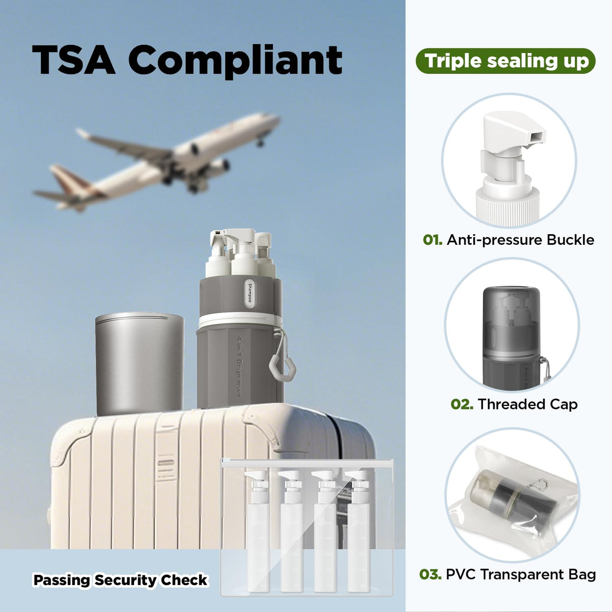 YOTIME 4in1 Travel Dispenser Bottle, TSA Approved Travel Size Containers