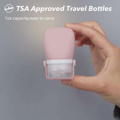 1oz Silicone Travel Bottles for Toiletries (4-Pack), TSA Approved Leakproof Toiletry Bottles with Locking Lid, Refillable Travel Size Containers for Shampoo, Body Wash, Camping & Trips (Green Pink)