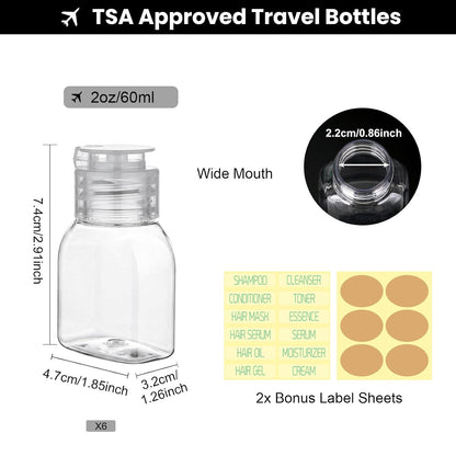 2 oz Travel Bottles, 6-Pack Wide-Mouth Leak Proof Containers