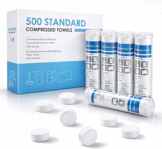 HAPPY CHEERS 500 Pieces Disposable Compressed Towels, Compact Travel Coin Tissue Soft Compress Tissues Pills for Outdoors Travel Camping and Beauty Salon
