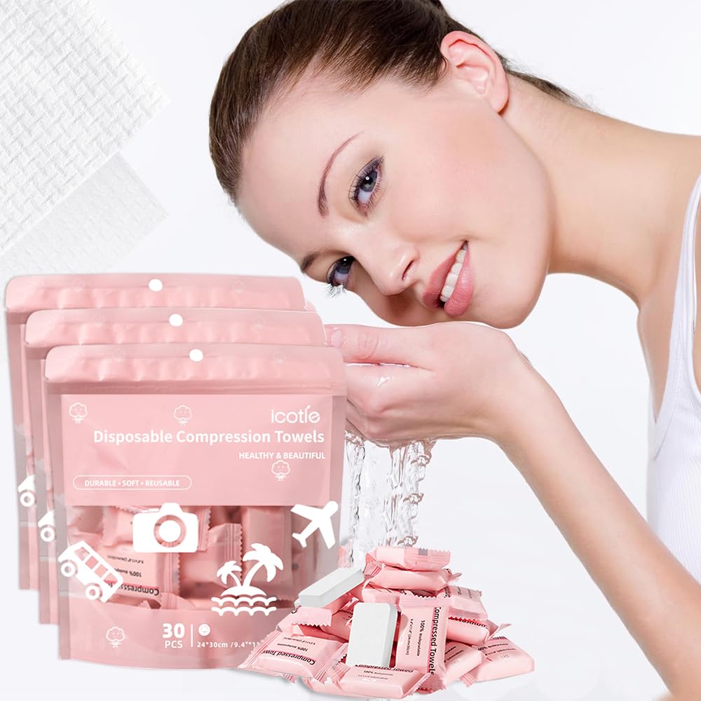 ICOTLE Compressed Towel, Disposable Face Towel, 11.8 x 9.4 Inch, 30 Count