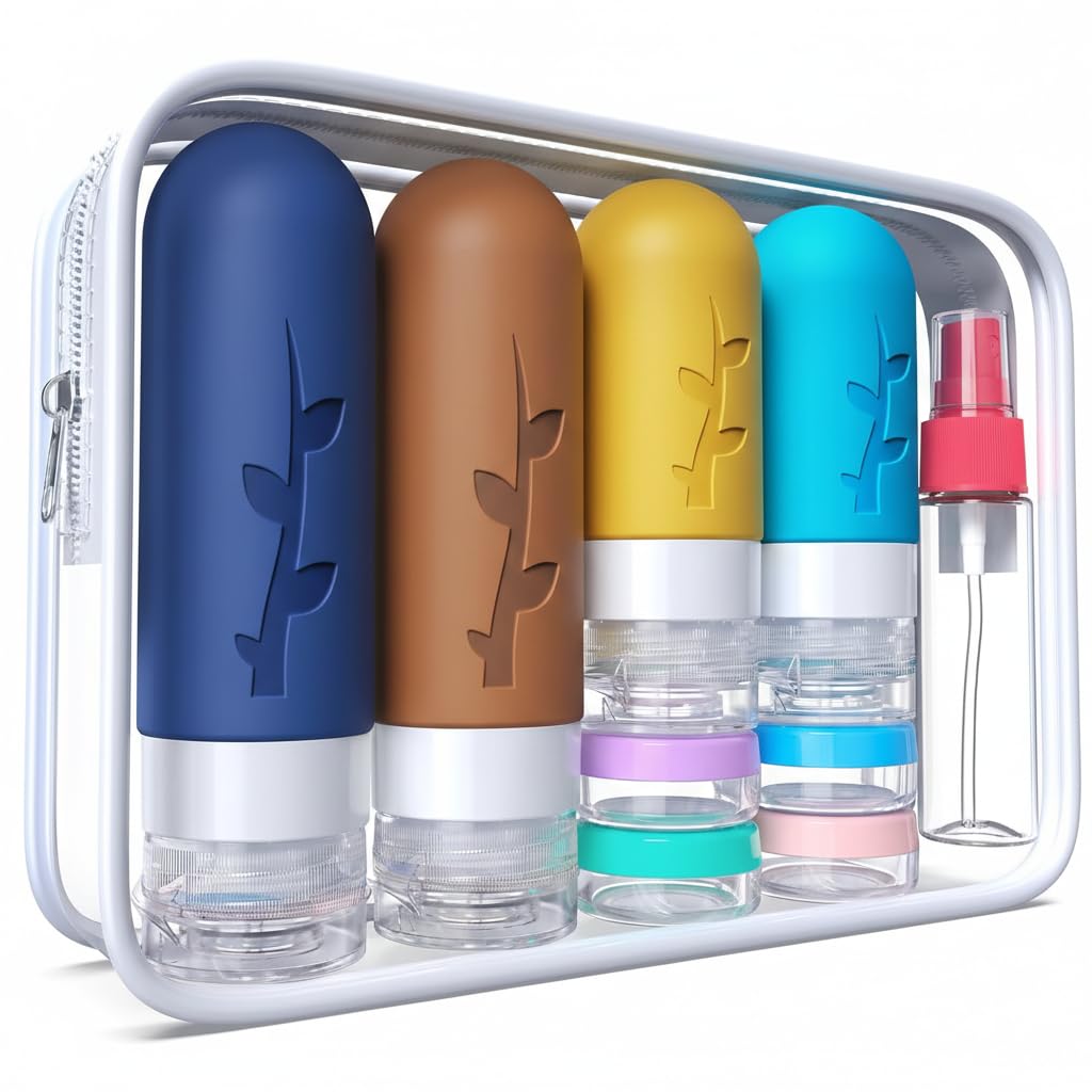 DEPOZA 16-Pack Travel Bottles for Toiletries with Clear Bag, White