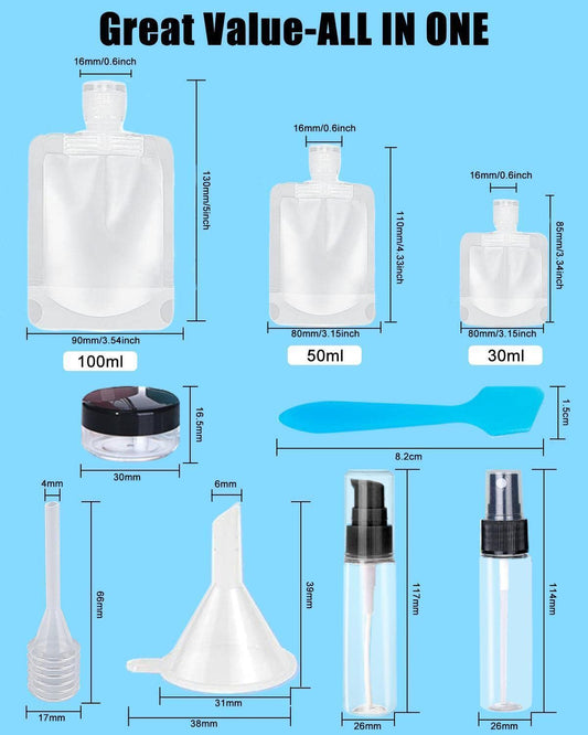 SEQUHITKU 17 Pack Travel Pouches for Toiletries,TSA Approved,Portable Containers,Stand Up Pouch,Refillable Travel Accessories for Shampoo Conditioner Lotion Soap Liquids (A-17pcs)