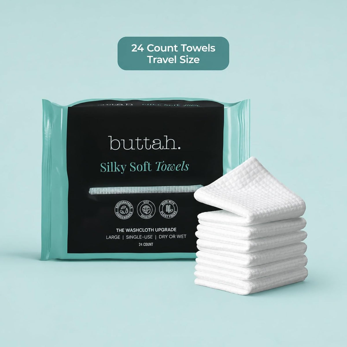 Buttah Skin Disposable Face Towels, 24 Count – Extra Thick, Soft, Large Towels for Sensitive Skin, Travel, and Makeup Removal