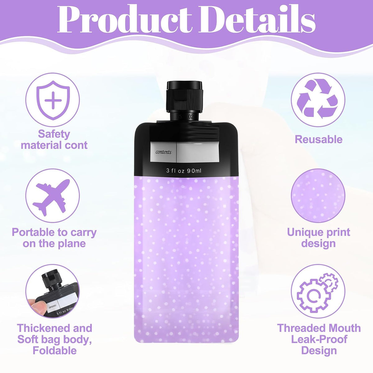 9PCS Travel Liquid Container Set - Refillable Travel Pouches for Toiletries, 3oz TSA Approved Squeeze Pouches, Travel Shampoo Skin Care Containers