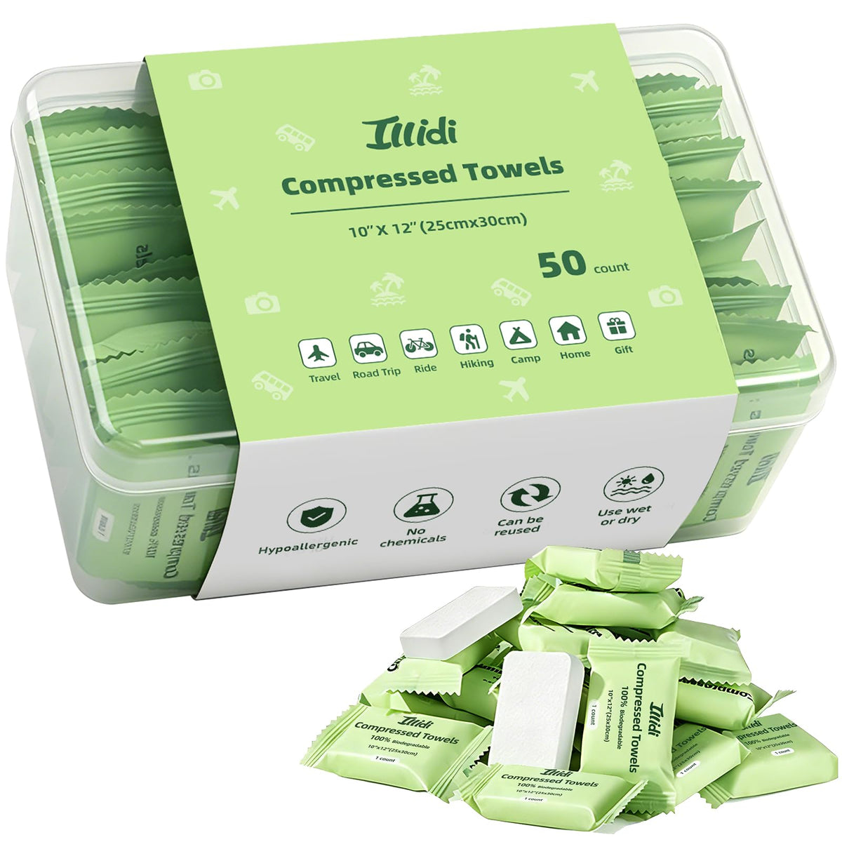 ILLIDI Compressed Towels, 30 Count Individually Wrapped Mini Tablets, Disposable Washcloths, Expands to 12 x 10 Inch Soft & Lint-Free,for Daily Use,Travel, Business Trips,Camping and Hiking