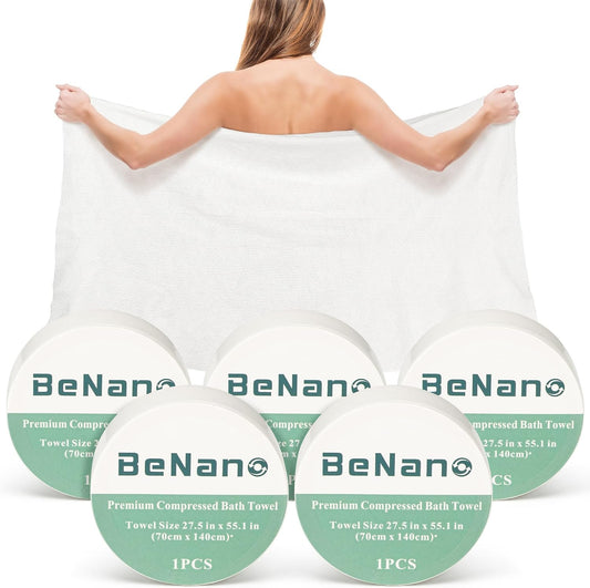 Benano 55.1x27.5 in Compressed Bath Towel Tablets | Travel Towel, 5 Pack