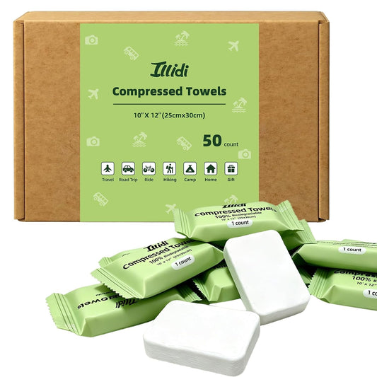 ILLIDI Compressed Towel Tablets, Disposable Coin Tissue for Travel, 50 Count,Portable Face Towels 10x12 Inch, Soft Durable Compressed Towels for Camping Outdoor On The Go