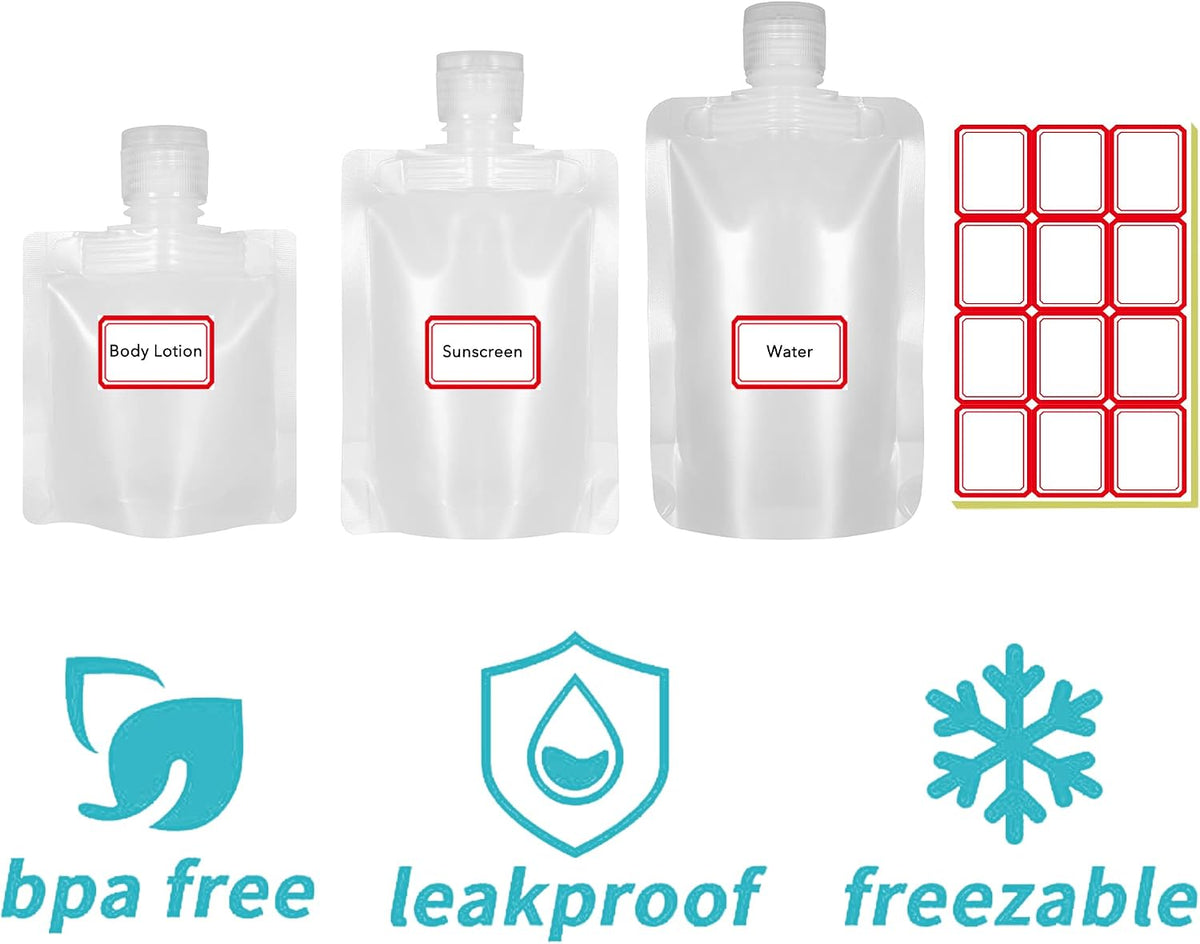 18 Pieces 3 Sizes 30ml/50ml/100ml Travel Size Refillable Empty Squeeze Pouch, Stand Up Pouch for Toiletry, Lotion Shampoo Shower Gel Squeezable Bags, Leakproof Cosmetic Containers
