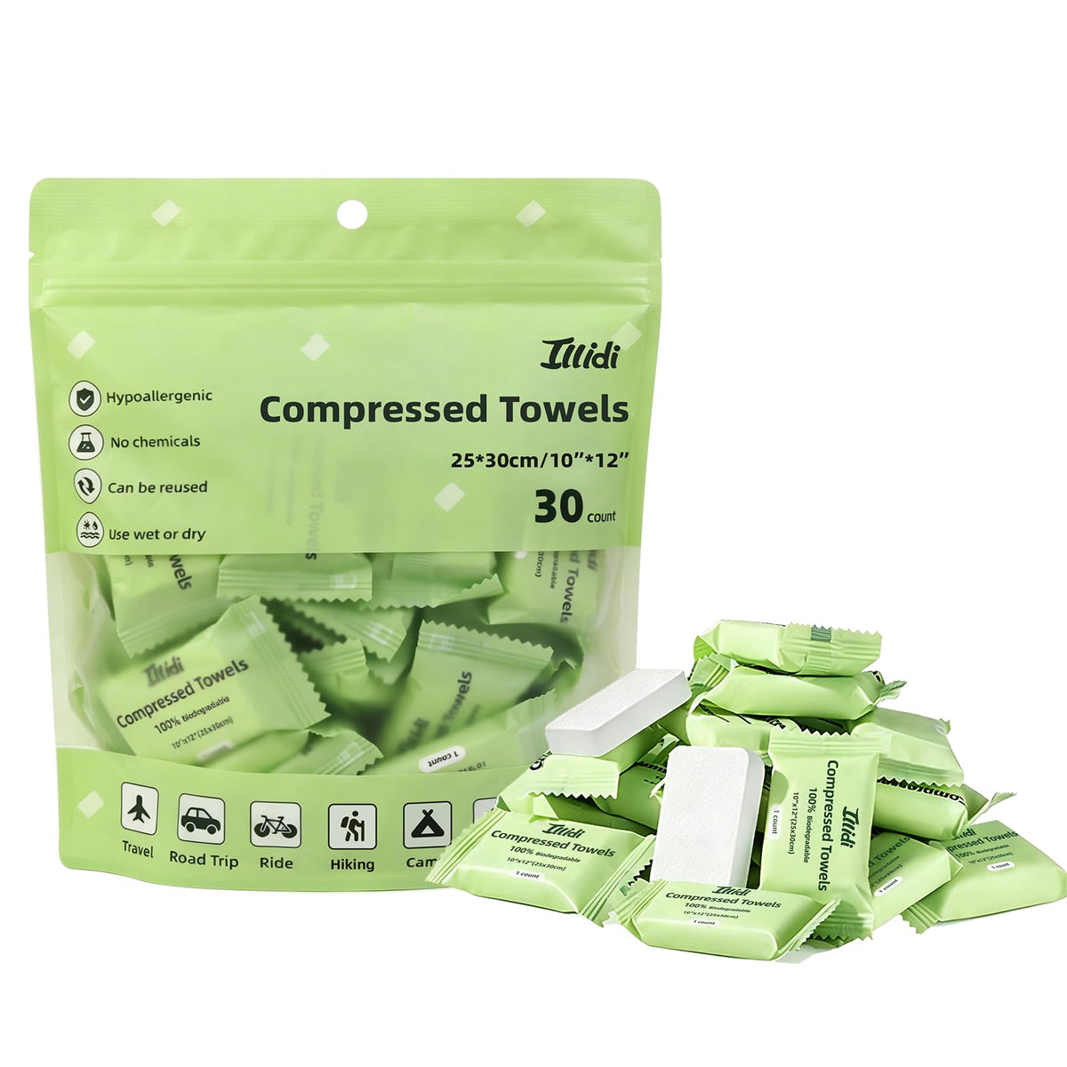 ILLIDI Compressed Towels, 30 Count Individually Wrapped Mini Tablets, Disposable Washcloths, Expands to 12 x 10 Inch Soft & Lint-Free,for Daily Use,Travel, Business Trips,Camping and Hiking