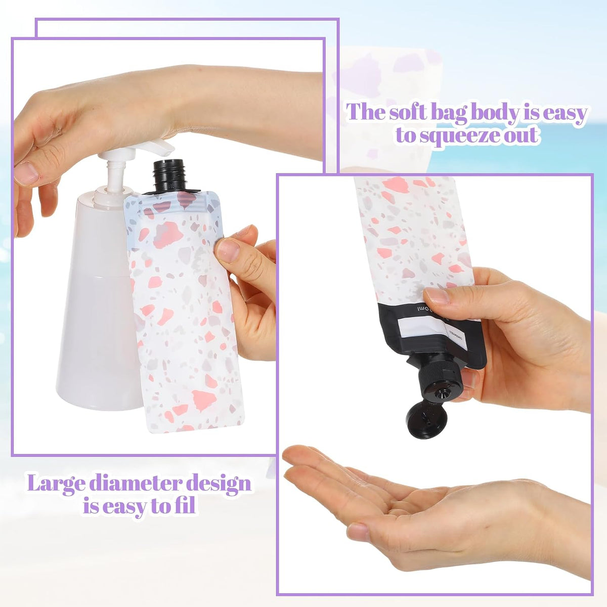9PCS Travel Liquid Container Set - Refillable Travel Pouches for Toiletries, 3oz TSA Approved Squeeze Pouches, Travel Shampoo Skin Care Containers