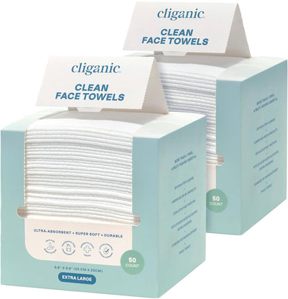 Cliganic Face Towels XL, Disposable Makeup Remover, Soft Dry Wipes, 100 ct