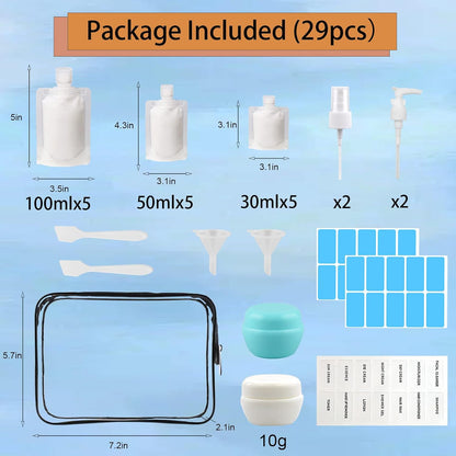 29 PCS Travel Size Refillable Empty Squeeze Pouch TSA Approved Travel Pouches for Toiletries Liquid Travel Containers Leak Proof Portable Travel Fluid Makeup Packing Bag for Cosmetics 30/50/100ml