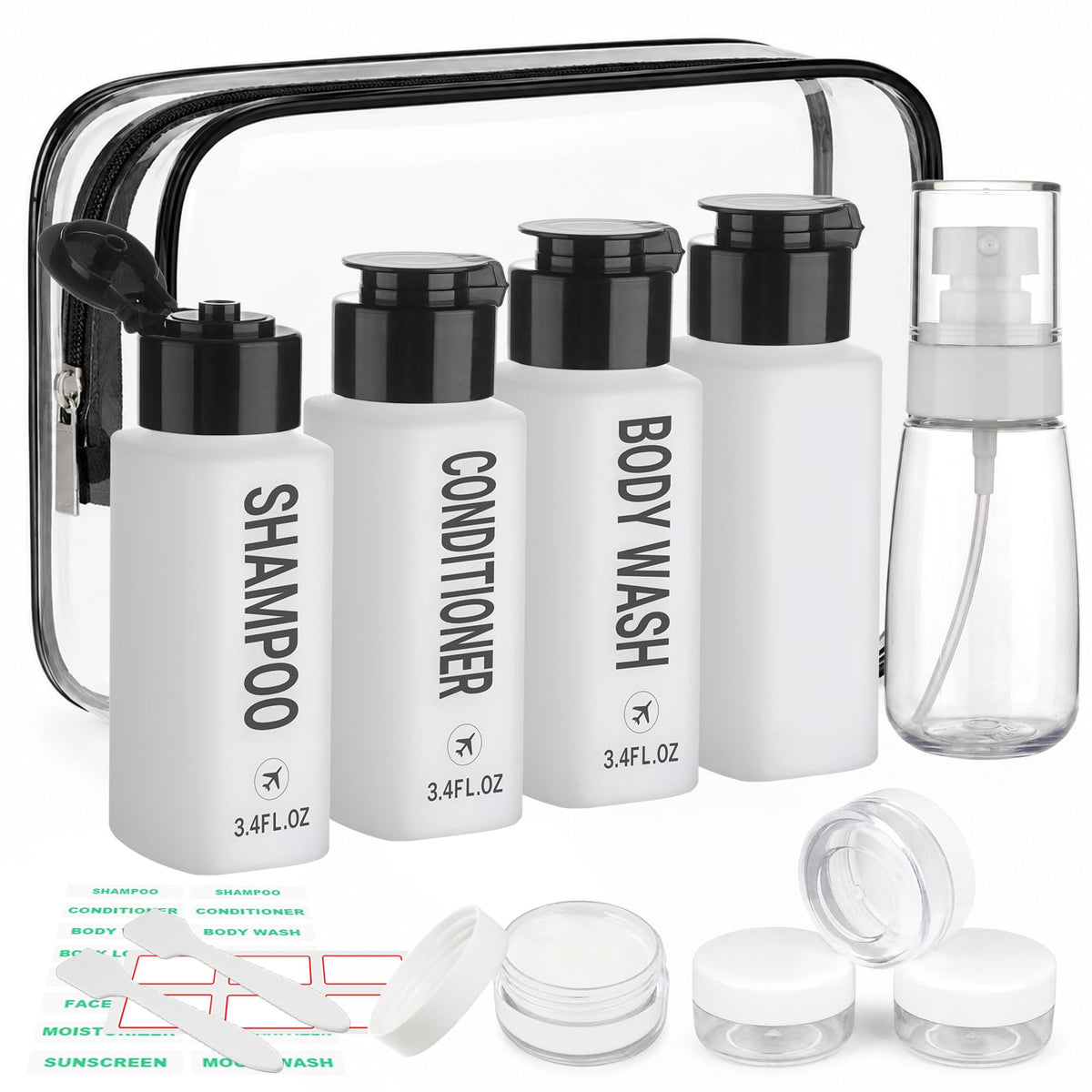 Travel Bottles for Toiletries 14PCS 3.4oz Pre-Printed Containers