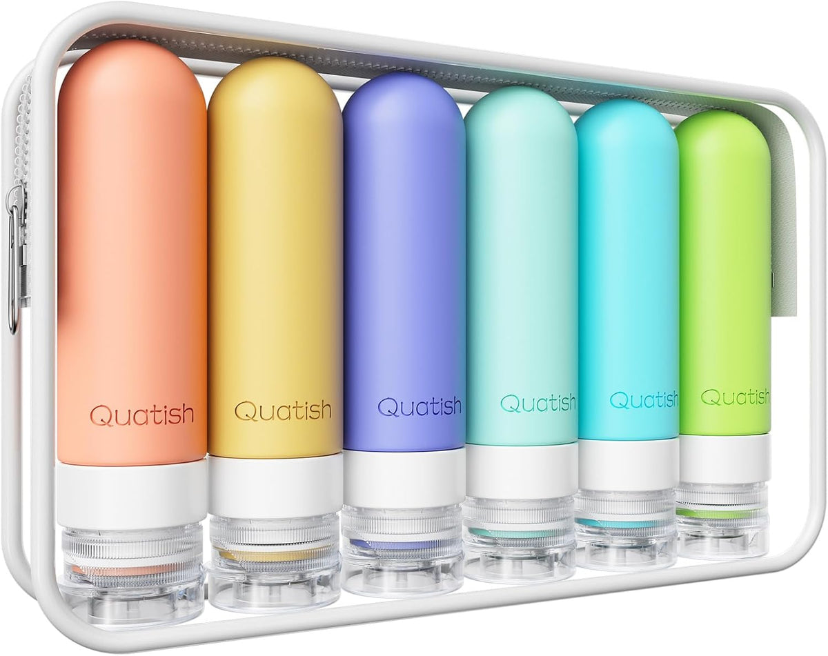 Quatish Travel Bottles for Toiletries 6 Pack, Original Patented Leakproof 3 oz Tsa Approved Travel Size Containers, BPA Free Silicone Shampoo and Conditioner Bottles, Camping Essentials