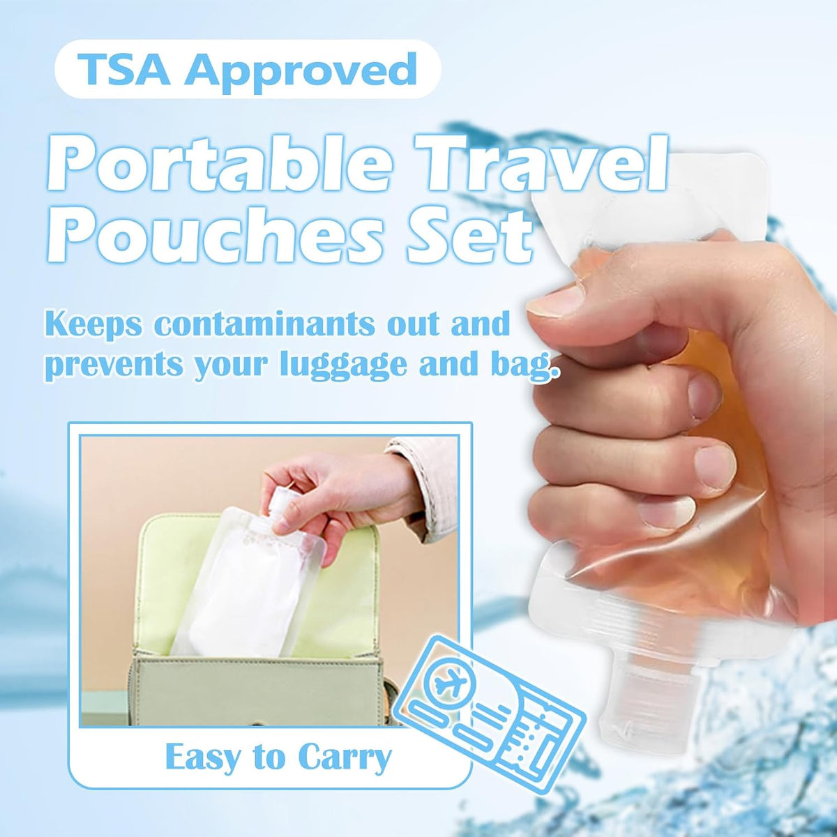 15 Pcs Travel Pouches for Toiletries, 3.4oz/100ml Leak Proof Squeeze Pouches, Refillable Stand Up Pouches with Labels, TSA Approved Travel Containers for Shampoo, Conditioner