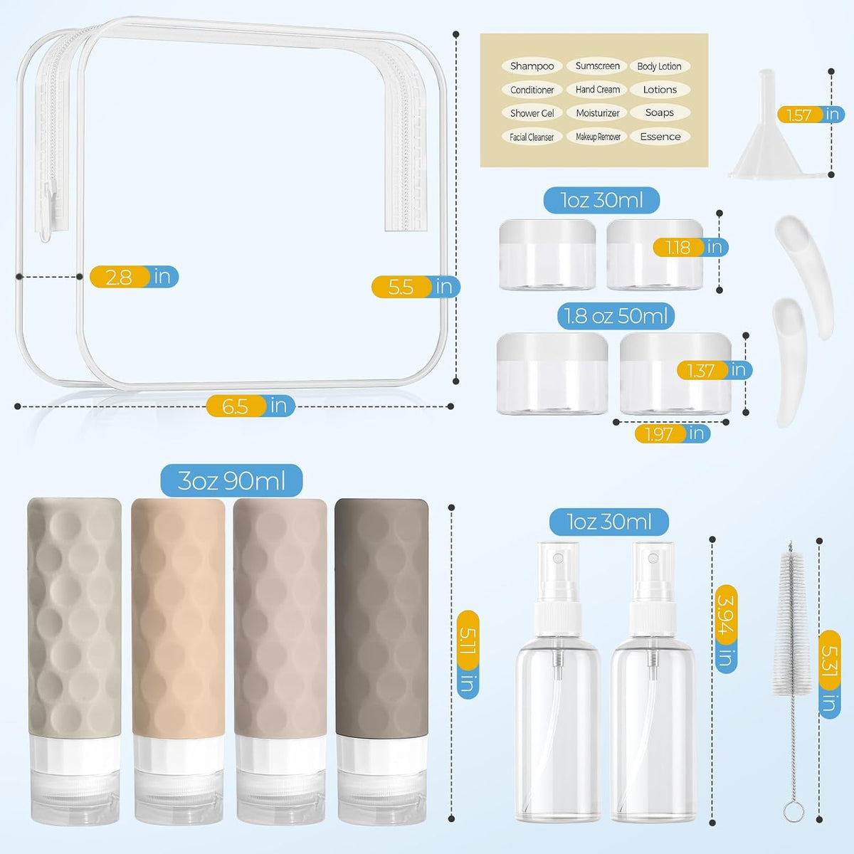 Silevoler 16pack Travel Bottles for Toiletries, TSA Approved Travel Size Containers Set, Leak Proof Refillable Liquid & Creams Toiletries Accessories Kit W/Toiletry Bag (Cream)