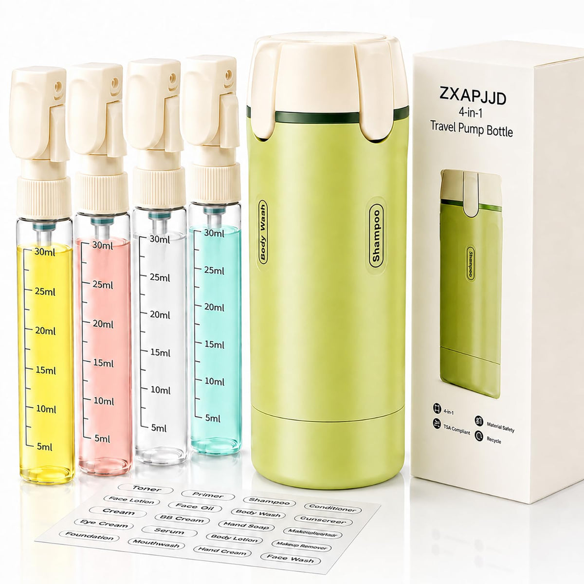 4-in-1 Travel Dispenser Bottle, TSA Approved Leakproof Set(Green)