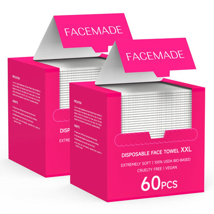 FACEMADE XXL Disposable Face Towels, 12" x 12", Soft & Thick, 60 Count