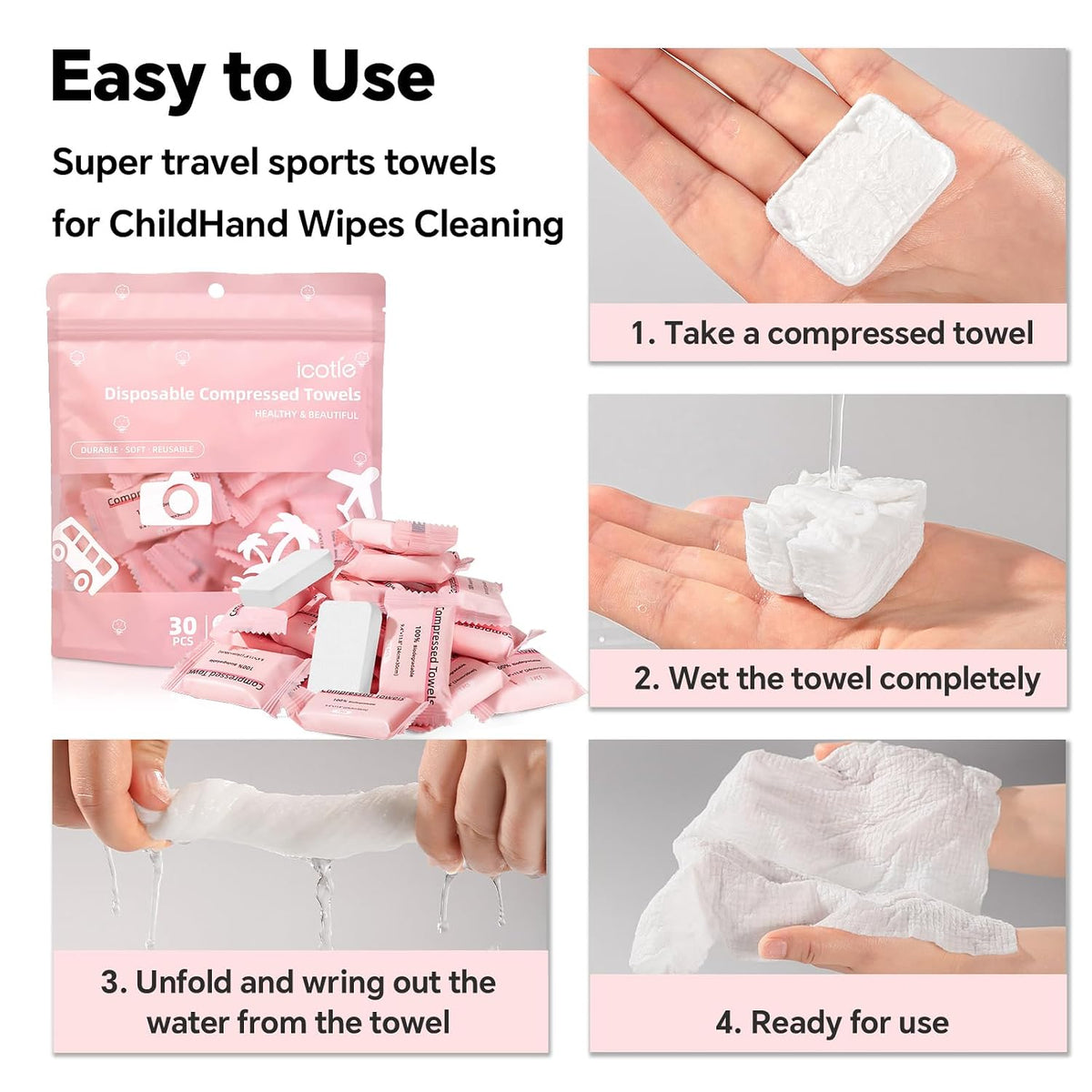 ICOTLE Compressed Towel, Disposable Face Towel, 11.8 x 9.4 Inch, 30 Count
