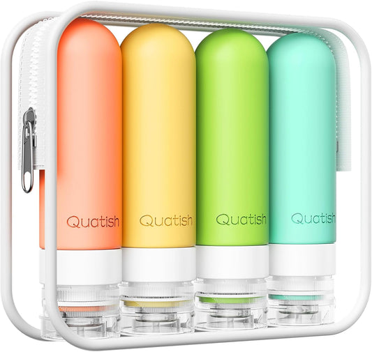 Quatish Travel Bottles for Toiletries, Original Patented Leak Proof Travel Size Containers, 3 oz Tsa Approved Silicone Shampoo and Conditioner Bottles, 4 Pack, Multi-Color