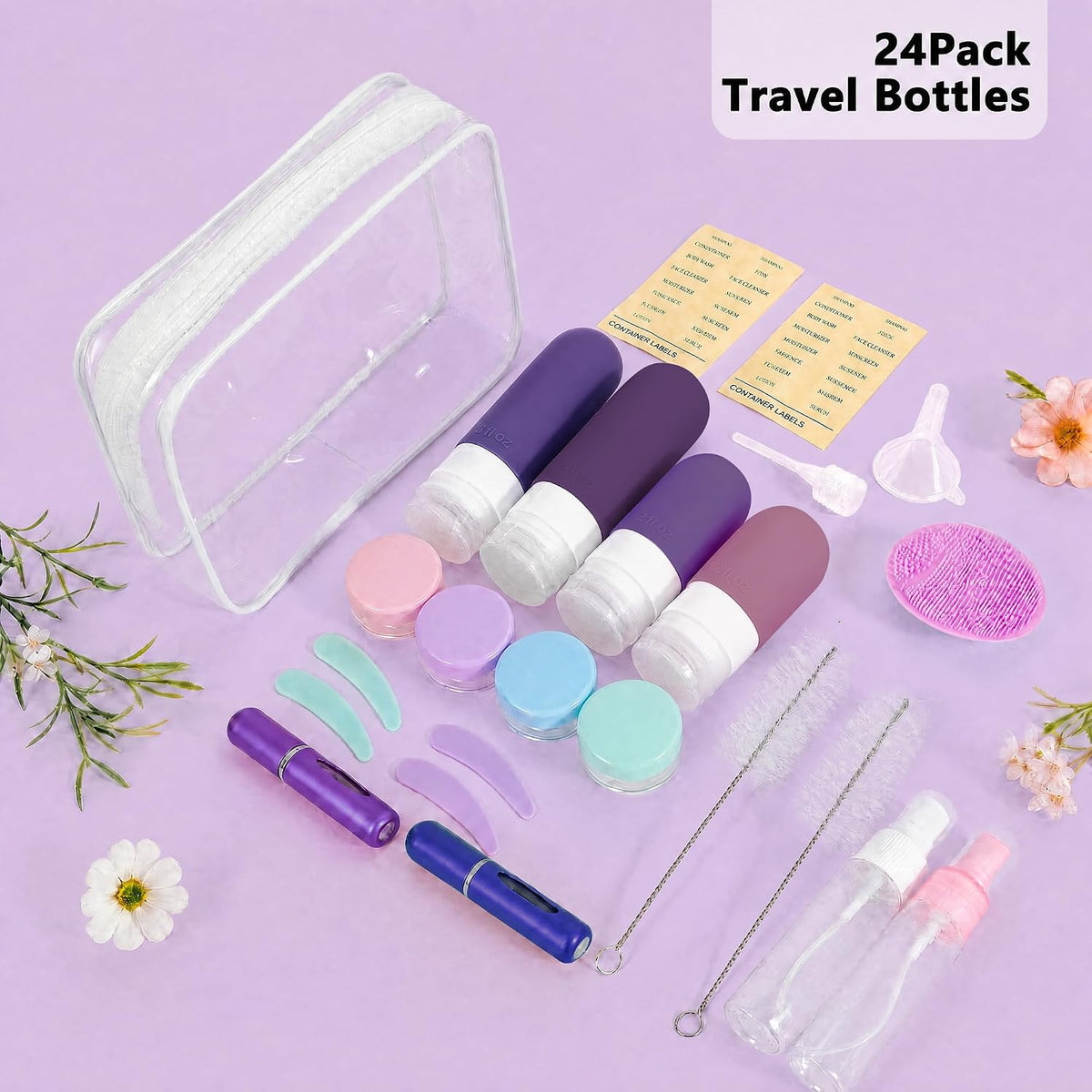 24 Pack Travel Bottles for Toiletries -TSA Approved, Leak Proof Silicone