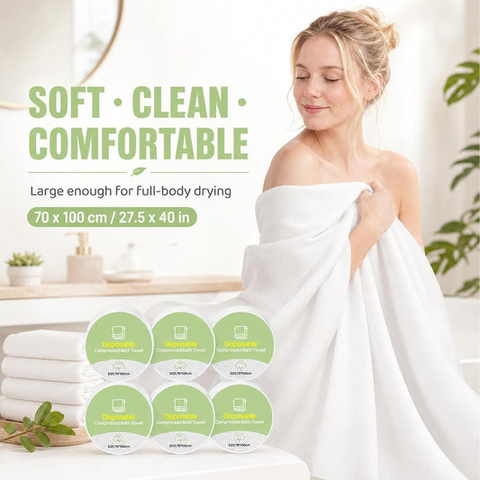 6PCS Compressed Bath Towel Tablets for Travel, Disposable Towels for Camping, Hiking & Hotels, Fast Absorbing Portable Travel Bath Towels, Individually Wrapped 27.5 x 40 Inch