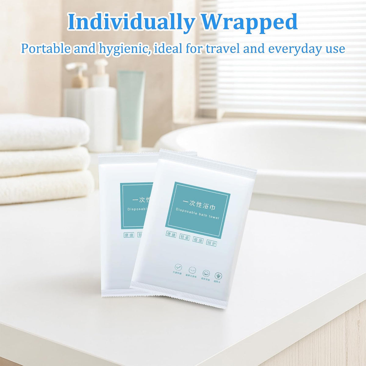 Disposable Bath Towels, 5 Pack Individually Wrapped, 55'' × 27.5'' Portable Travel Towels, Ultra-Soft & Quick-Dry Body Towels for Hotel, Gym, Beach, Camping, Swimming