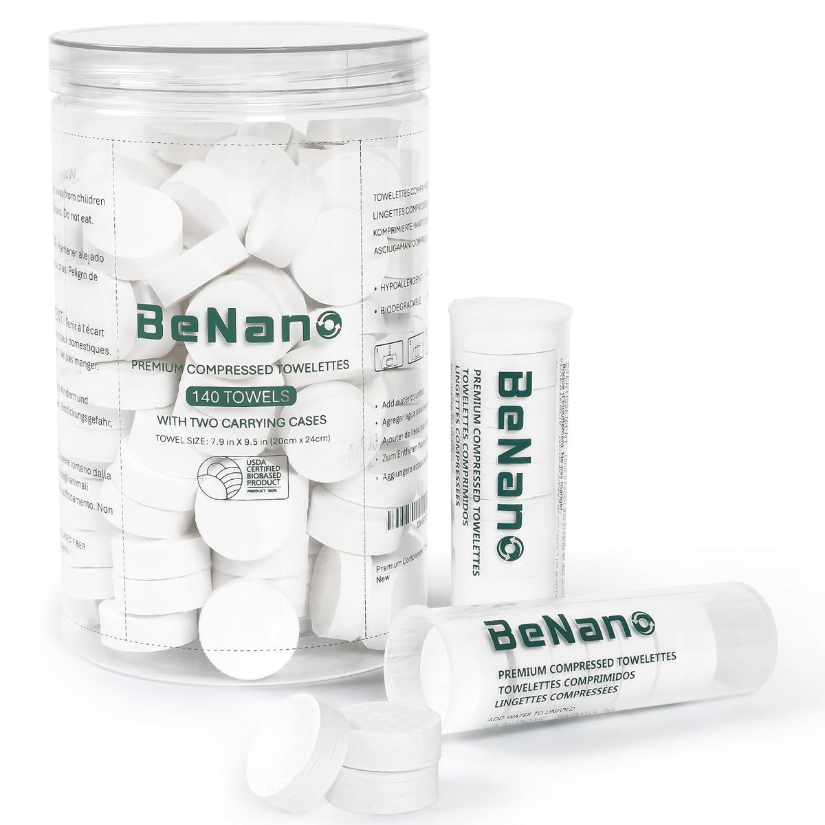 Benano 7.9x9.5 in Compressed Towels Coin Tissues | 140 Pcs + 2 Cases
