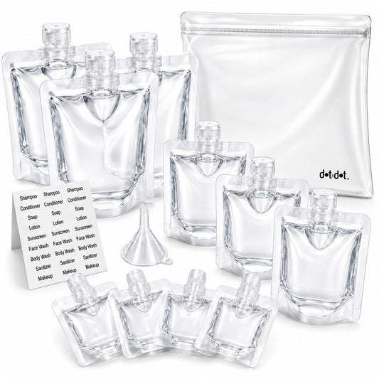 Travel Pouches for Toiletries, 13 Pack TSA Approved Refillable Travel Liquid Pouches, Flat Travel Bottles for Toiletries, Reusable 3oz Portable Containers with Funnel, Labels & Clear Carry On Bag