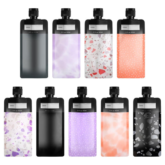 9PCS Travel Liquid Container Set - Refillable Travel Pouches for Toiletries, 3oz TSA Approved Squeeze Pouches, Travel Shampoo Skin Care Containers