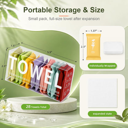 28Pcs Compressed Towels, Travel Washcloths & Face Towels